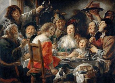 王様の飲み物、またはエピファニーの饗宴での家族の食事 作： Jacob Jordaens