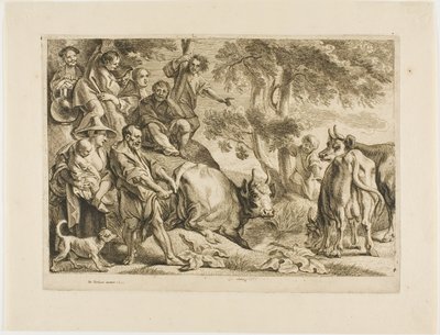 牛のしっぽをつかんで溝から牛を引き抜く主人 作： Jacob Jordaens