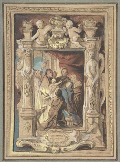 彫刻されたフレームのデザインを備えた寺院でのプレゼンテーション、約。 1630-1635。 作： Jacob Jordaens