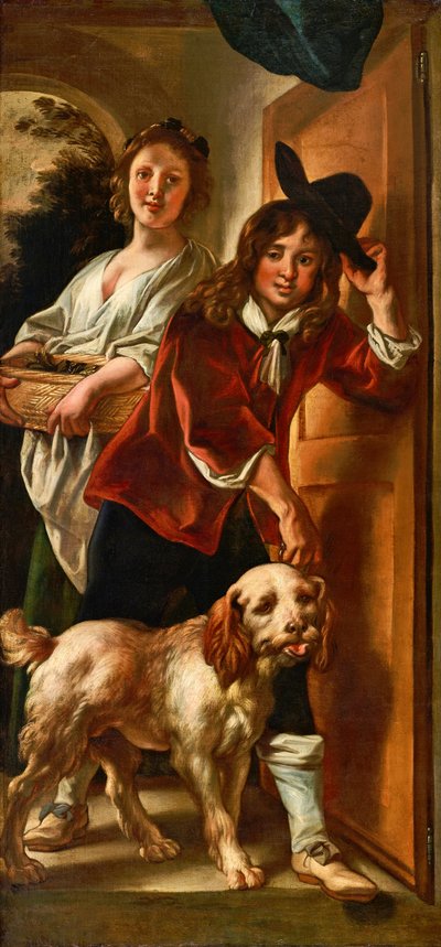 だまし絵で描かれたメイドと帽子を脱ぐ少年と犬 作： ジェイコブ・ヨルダーンス