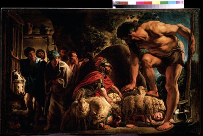 「ポリュフェモスの隠れ家のユリシーズ」ヤコブ・ヨルダーンス (1593-1678) の絵画 プーシキン美術館、モスクワ。 作： Jacob Jordaens