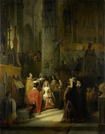 1418 年 3 月 10 日、オランダ伯爵夫人バイエルンのヤコバとブラバント公ヤン 4 世の結婚式 作： Jacob Joseph Eeckhout