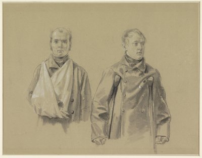 負傷した 2 人の兵士、左は腕をスリングに、右は松葉杖をついている 作： Jacob Joseph Eeckhout