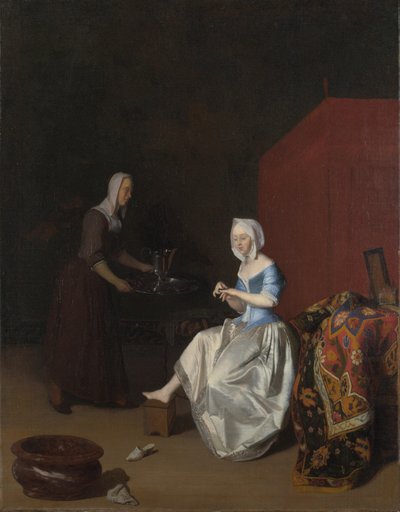 爪切りをする若い女性と召使の姿 1670年頃 作： Jacob Lucasz. Ochtervelt