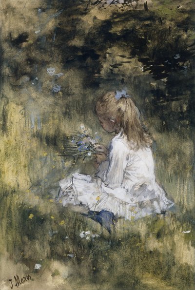 草の上に花を持つ少女 草の中に花を持つジェイコブ・マリスの娘 作： Jacob Maris