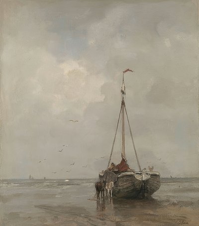 スヘフェニンゲンのビーチで広い弓を持つ漁船。 1885年頃 作： Jacob Henricus or Hendricus Maris