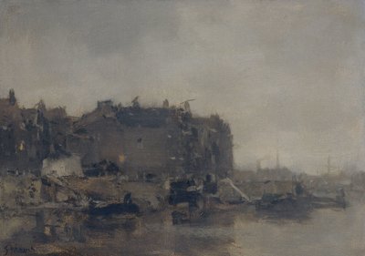 霧の日にアムステルダムのプリンス・ヘンドリッカデの家々 作： Jacob Maris