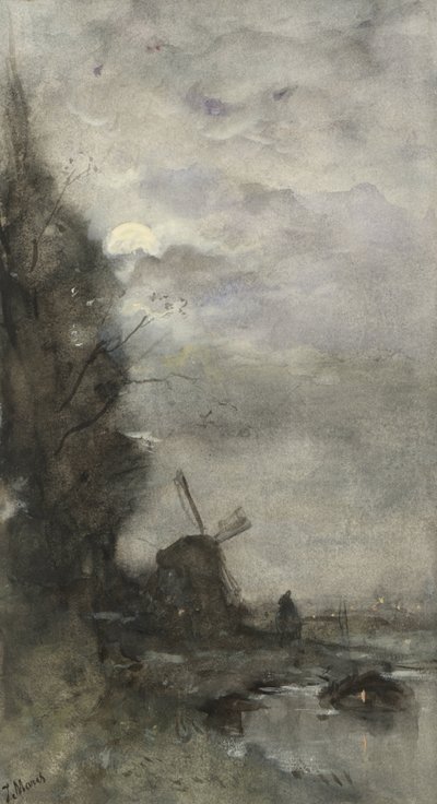 月明かりに照らされた風車のある風景 作： Jacob Maris