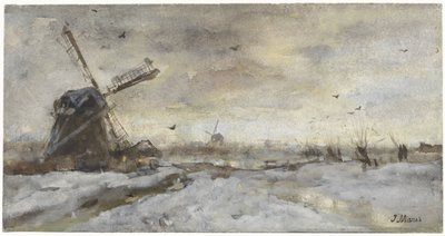 雪の中に風車のある風景 作： Jacob Maris