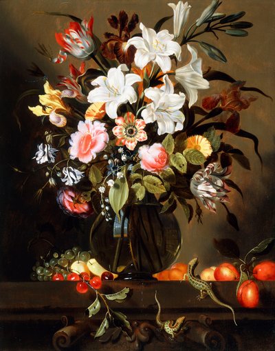 果物と花のブーケと2つの砂トカゲ、石の棚、1647年 作： Jacob Marrel
