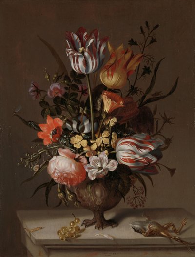花瓶の花と死んだカエルのある静物 作： Jacob Marrel