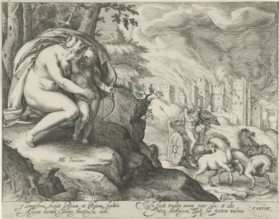金星はキューピッドに冥王星に矢を放つよう勧める 作： Jacob Matham (attributed to)