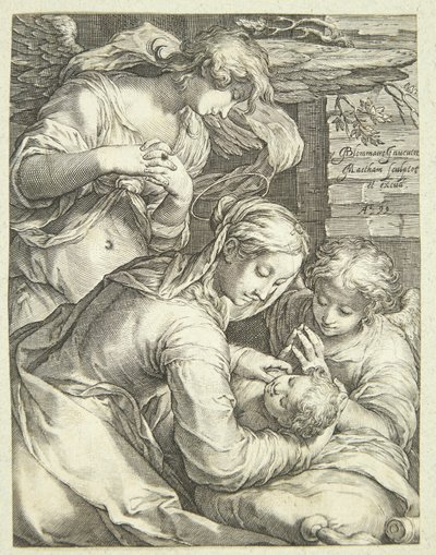 子供と二人の天使を持つ聖母マリア 作： Jacob Matham