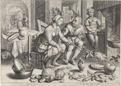 鶏肉を串に刺したキッチンピース キッチンと市場のシーンと聖書のシーン (シリーズ タイトル) 作： Jacob Matham