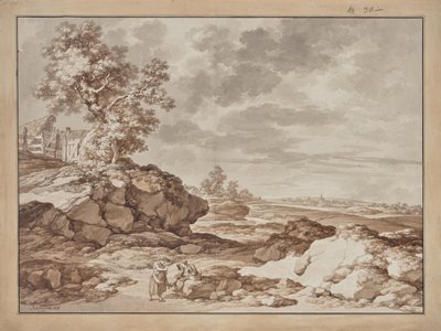 村と2人の農夫のいる風景 作： Jacob Matthias Schmutzer