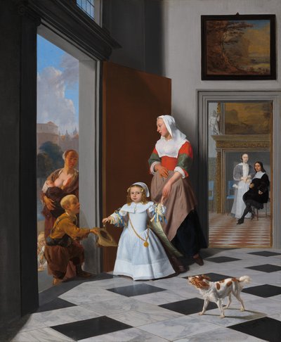 エレガントなホワイエの看護師と子供、1663年。 作： Jacob Lucasz Ochtervelt