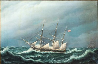互いに合図する嵐の中の 2 隻のデンマークのフリゲート艦 作： Jacob Petersen
