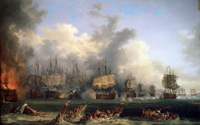 1771年、チェスマ海軍の戦いにおけるロシアの戦艦聖エブスタフィウスの沈没。 作： Jacob Philipp Hackert