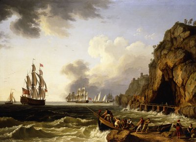 1777年に赤の副提督の旗を掲げたイギリス海軍の3階建て船でナポリ近くの海岸の景色 作： Jacob Philippe Hackert