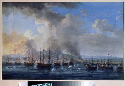 ロシア・オスマン戦争: 「1770 年のダミエッタの海戦」 (The naval Battle of Damietta on 1770) エカテリーナ 2 世のロシアとオスマン帝国の艦隊 (オルロフの革命またはオルロフ兄弟の遠征) と対立した。 ペイント 作： Jacob Philippe Hackert