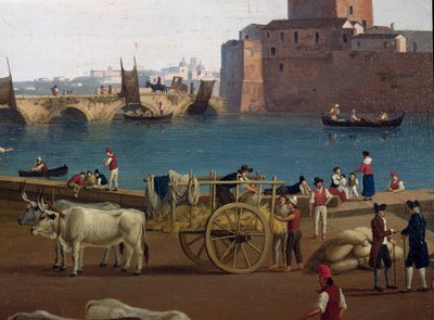 18世紀のイタリア、タラント（Taranto）の港の風景 港で荷物を降ろすドッカーたち、牛に引かれた馬車 - ヤコブ・フィリップ・ハッケルト（Jacob Philipp Hackert dit Hackert d