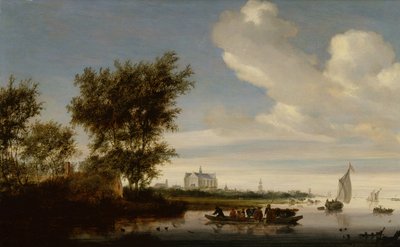 フェリーに乗った農民と牛とアルクマールの遠景 作： Jacob Salomonsz. Ruysdael