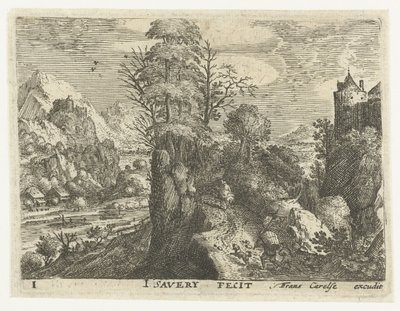 険しい岩の上に旅行者がいる風景 旅人のいる六つの風景（連載タイトル） 作： Jacob Savery (I)