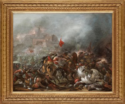 1453年のオスマン軍によるコンスタンティノープルの占領中のトルコ人とキリスト教徒の間の戦い - ヤコブ・マティアス・ウェイエルによる絵画 (1620-1670)、木に油彩 (39x49 cm) - トルコ戦争、ヤコブ・マティアス・ウェイエルによる木に油彩 - 個人蔵 作： Jacob Weyer