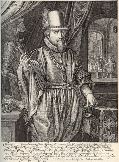 ナッソー伯爵、オレンジ公爵モーリス・ド・ナッソー（1567-1625）の肖像。ウィレム・ヤコブス・デルフ（1580-1638）によるエングレーヴィング 17世紀 作： Jacob Willemsz Delff