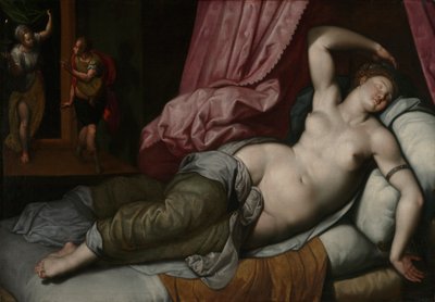 ヘレンの寝室に入れられたパリ、1585-90年 作： Jacob de Backer