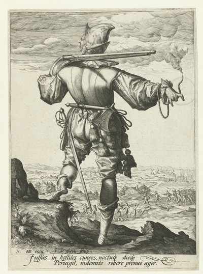 ヘルメットをかぶった銃士 (harquebusier?) 将校と兵士（シリーズタイトル） 作： Jacob de Gheyn (II)