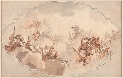 天井のデザイン: カリストまたはダイアナの神格化 (右)、および人物のスケッチ (裏面) 作： Jacob de Wit