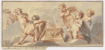 5つのAmouretteが祭壇で犠牲になります。 1723年 作： Jacob de Wit