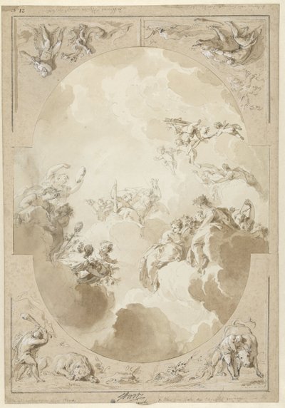 ヘラクレスの神格化と彼の 4 つの作品を描いた天井画のデザイン 作： Jacob de Wit