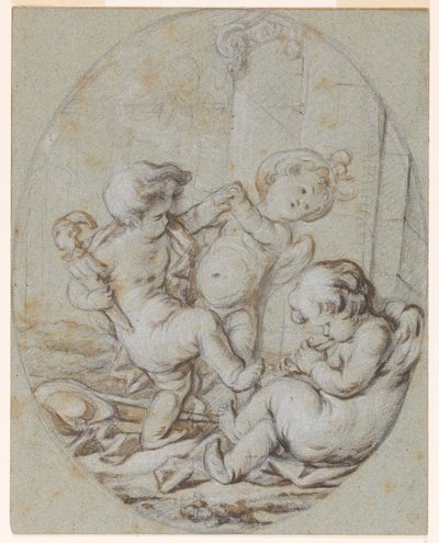 Three Putti: グリザイユ画のデザイン 作： Jacob de Wit