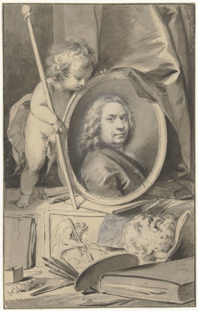 画家の属性に囲まれたメダリオンの自画像 作： Jacob de Wit
