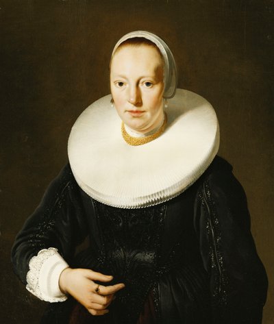 黒のアップリケストマッカーとドレスとミルストーンラフの女性の肖像画、半分の長さ、 作： Jacob or Jacques van Loo