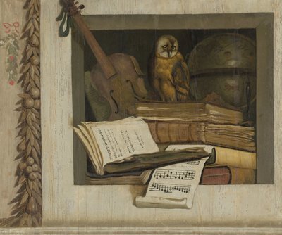本、楽譜、ヴァイオリン、天球儀、フクロウのある静物 作： Jacob van Campen