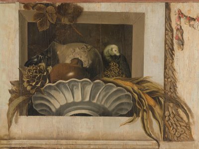 トウモロコシ、アーティチョーク、ブドウ、オウムのボウルのある静物 作： Jacob van Campen