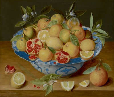 レモン、オレンジ、ザクロのある静物、c.1620-40（パネルに油彩） 作： Jacob van Hulsdonck