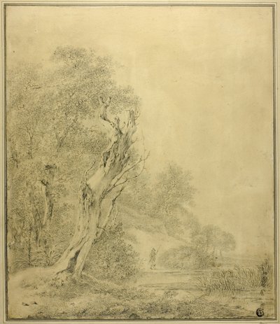 水際の枯れ木、ポールを持って近づく人物 作： Jacob van Ruisdael
