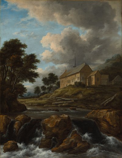 激流のそばにある教会のある風景 作： Jacob van Ruisdael