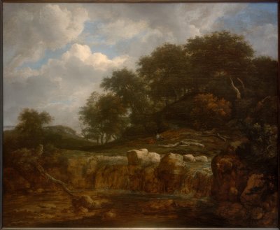 丘陵地の森の中の滝の風景 作： Jacob van Ruisdael
