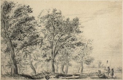 3 人の釣りと樹木が茂った川の風景 作： Jacob van Ruisdael