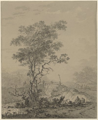 川沿いの木、橋、人物がいる山岳風景 作： Jacob van Strij