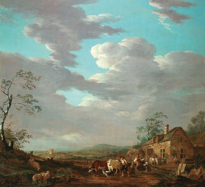 オランダ：宿の近くに人物と牛のいる風景 作： Jacob van Strij