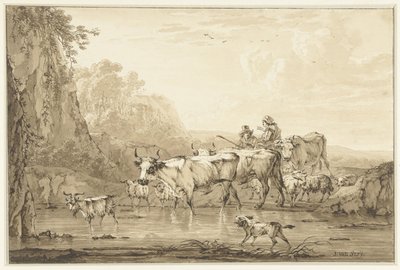 池の近くの牛と羊と羊飼いと羊飼い 作： Jacob van Strij