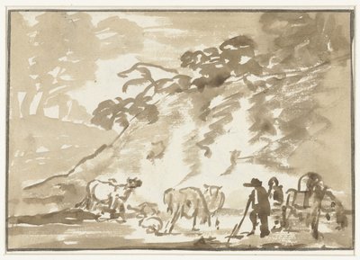 牛と羊飼いのいる風景 作： Jacob van Strij