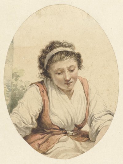赤いカーディガンと髪に白いリボンを結んだ女性 作： Jacob van Strij