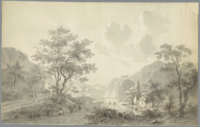 山の風景の中の湖の近くの滝 作： Jacob van Strij